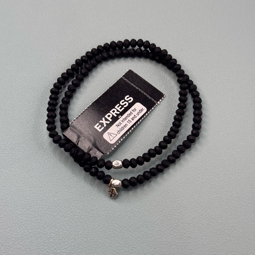 Express Black Beaded Set of 2 Stretch Bracelet with Silver Accents